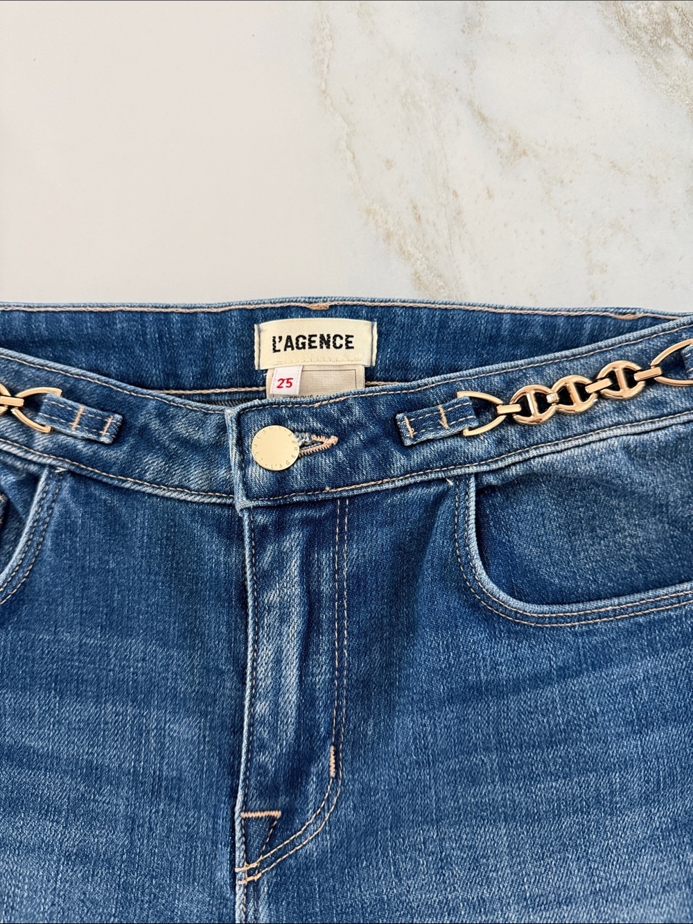 L'AGENCE High-Rise Blue Denim Jeans with Gold Chain Belt - Picture 2 of 3
